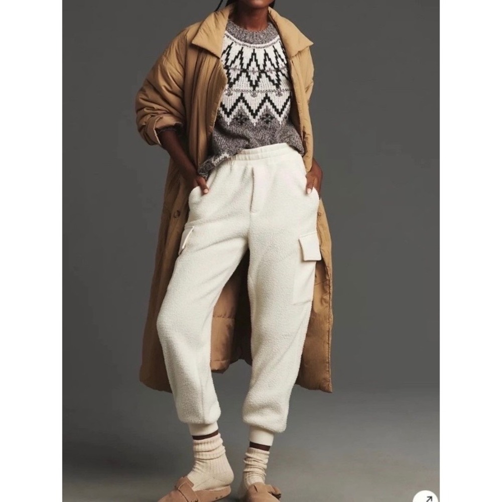 Varley Women Samson Relaxed Fleece Sweatpants Large Cargo Joggers Cream Cozy